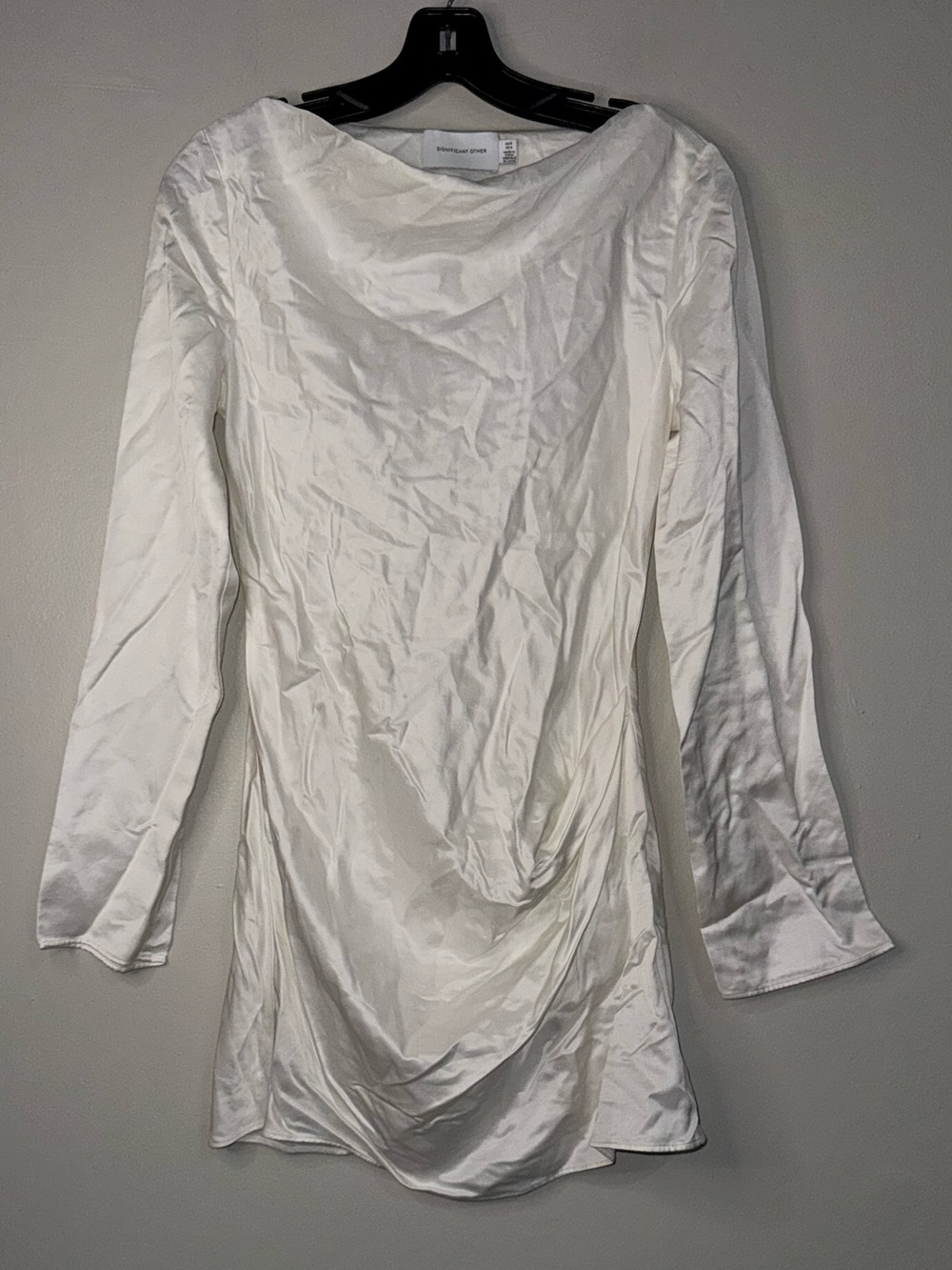 Long-Sleeve White Satin Drape Front Dress